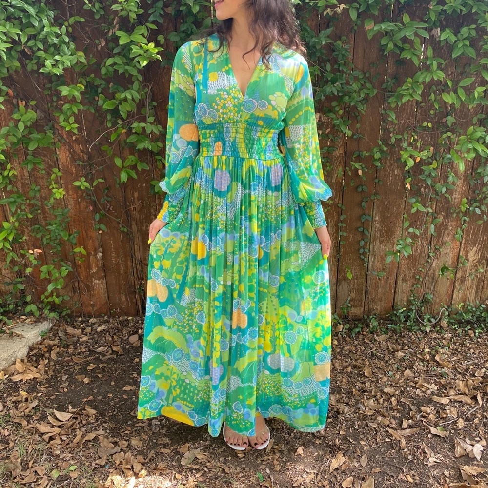 STUNNING Vintage Robert David Morton Green Floral Print 70s Retro Printed Dress